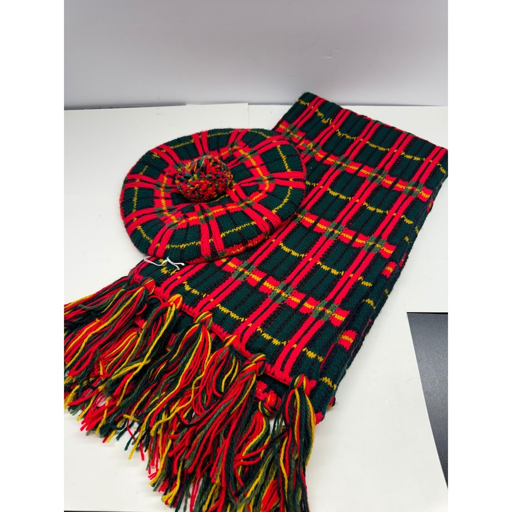 Vintage Stretch Knit Plaid Tam Hat and Scarf Set Red Green Yellow USA
Made NOS